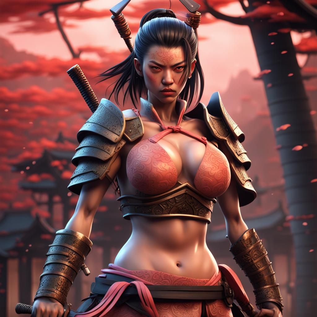 Angry Female Samurai Warrior in Cartoon Style