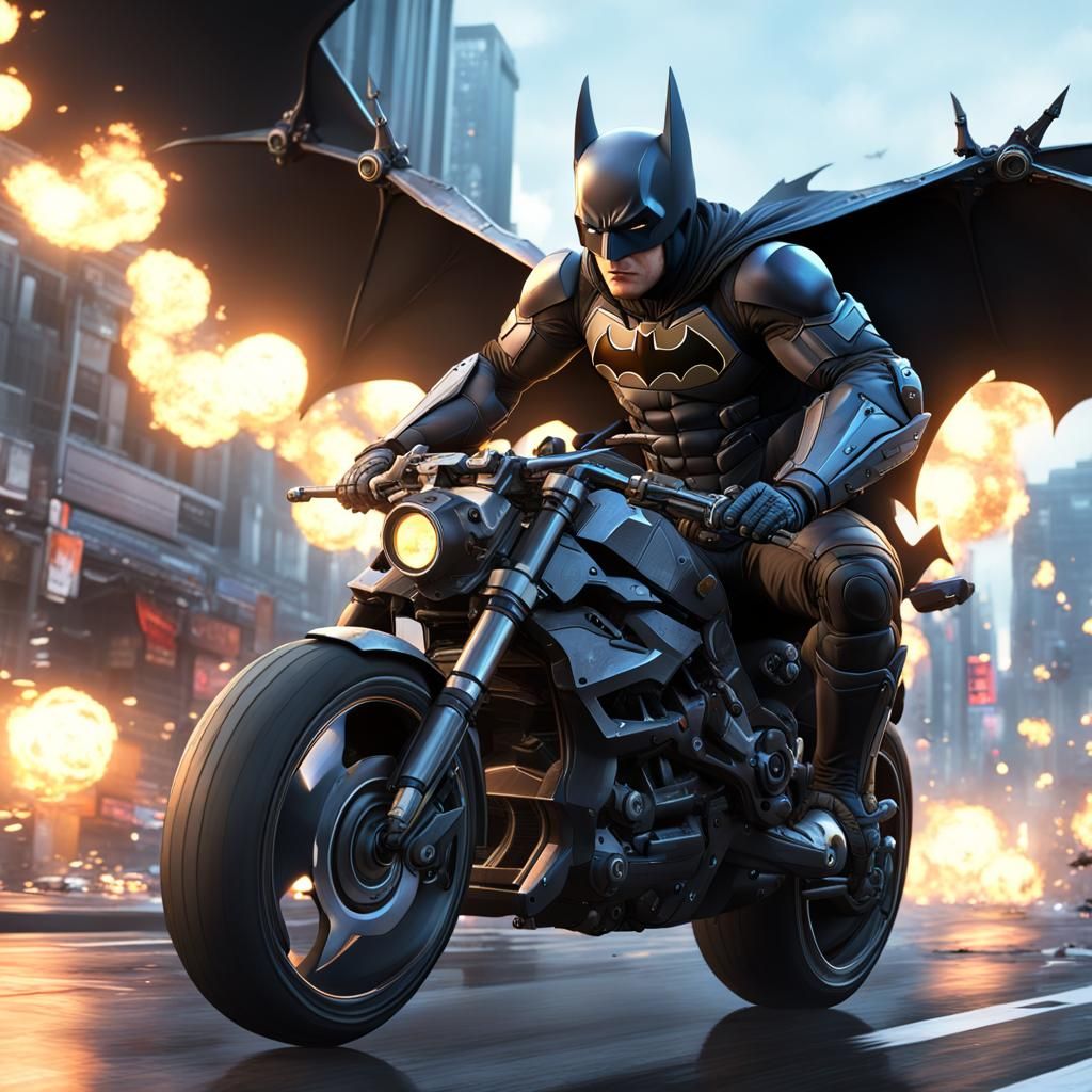 Batman on Batcycle in Anime Style Explosion