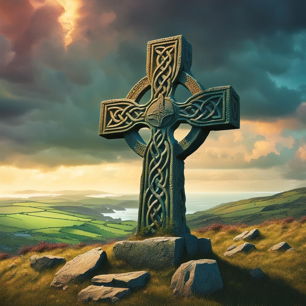 A worn and broken Celtic stone cross in a Cornish landscape
