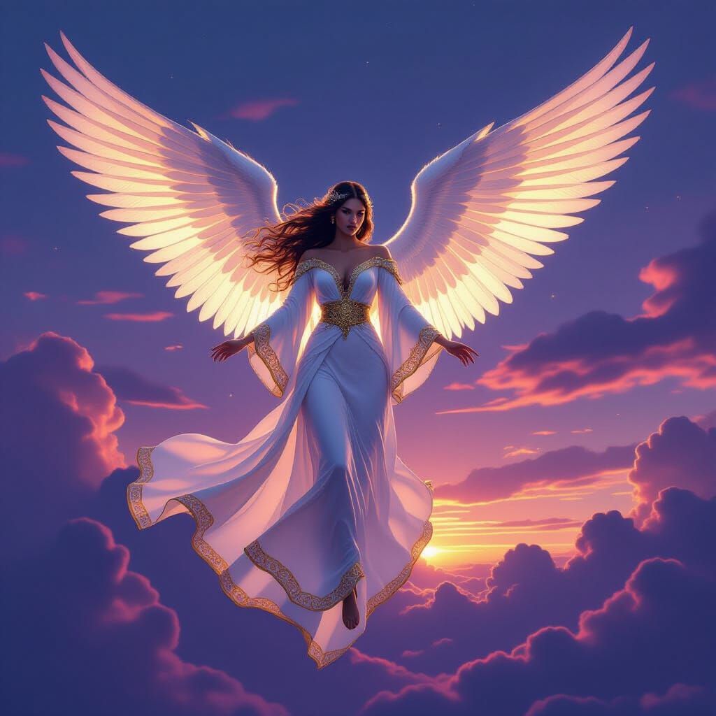 Angel Soaring Through Twilight Sky with Gold Coin Wings