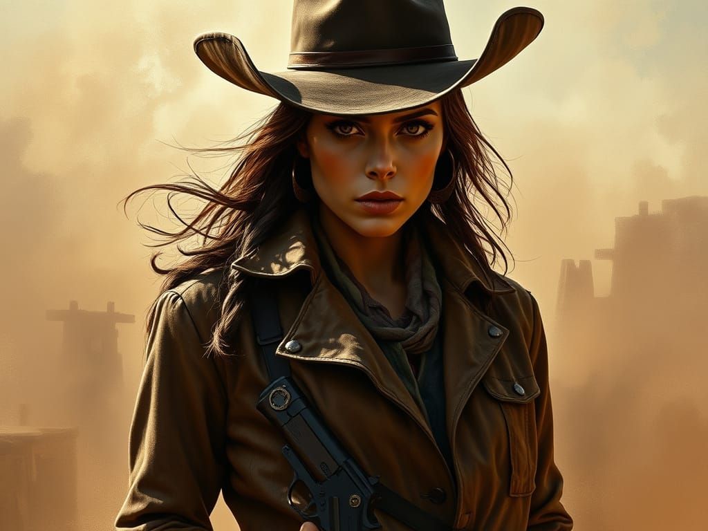 Wild West Outlaw Woman in a Leather Duster Coat