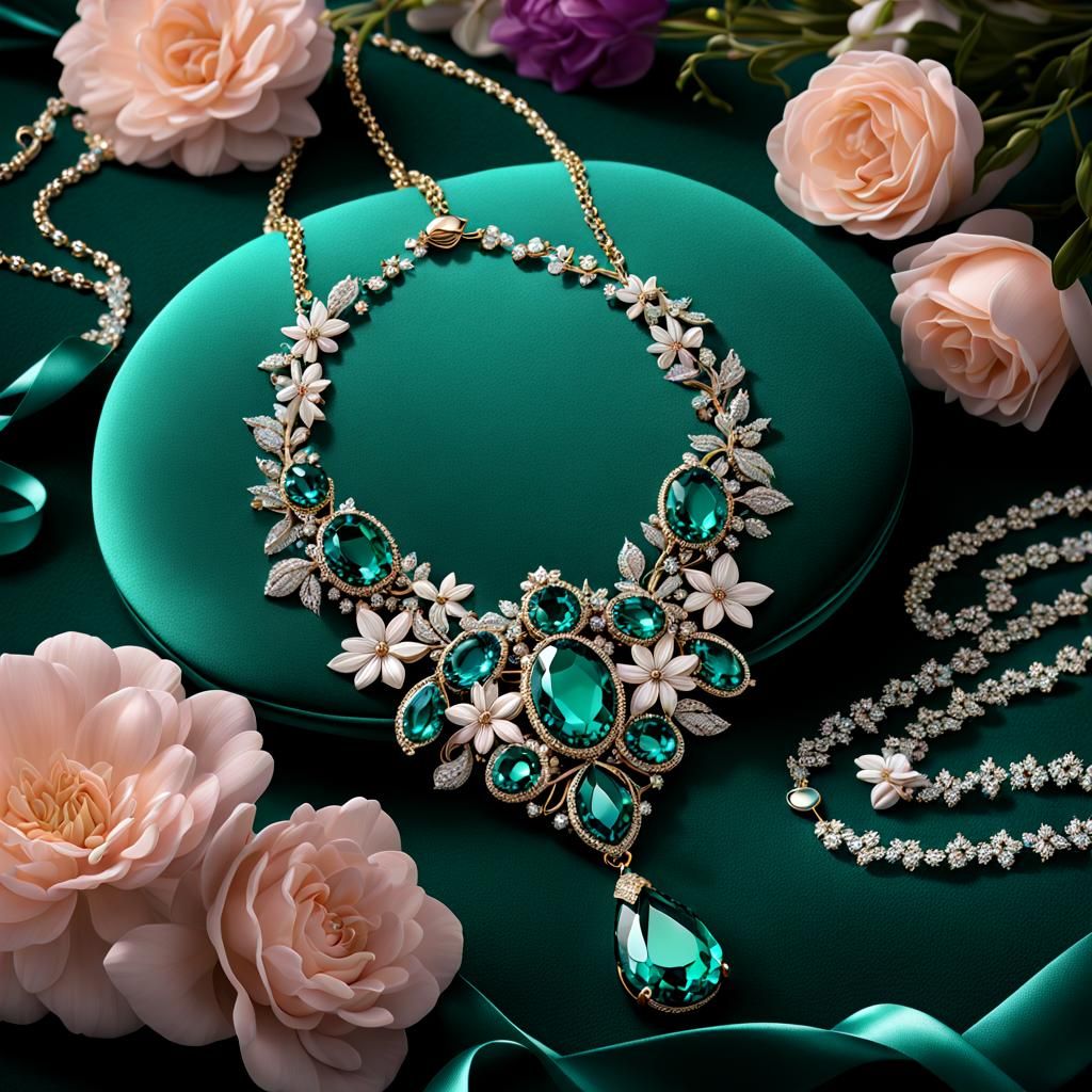 Viridian Gem Necklace on Velvet Cushion, Airbrush Art