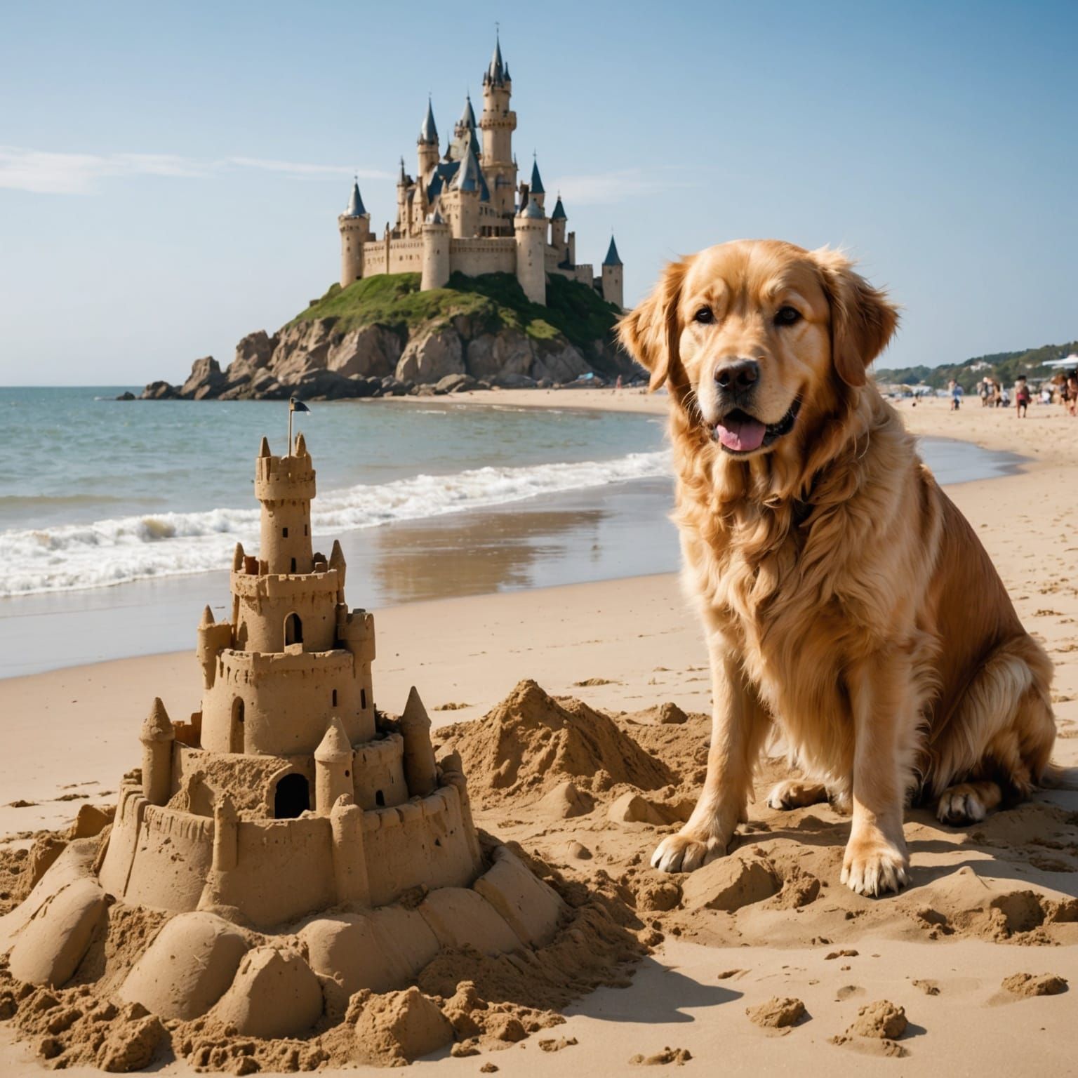 Golden Retriever's Sandcastle Regret: Hyperrealistic Beach S...