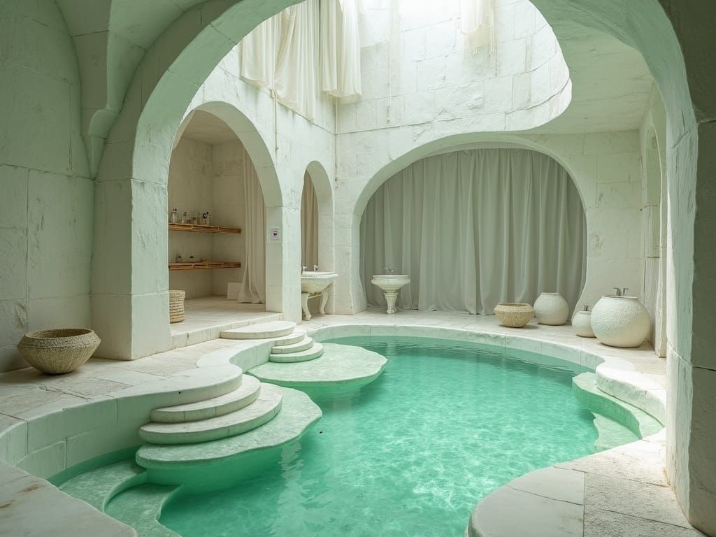Serene White Stone Room with Soaking Pool and Waterfalls