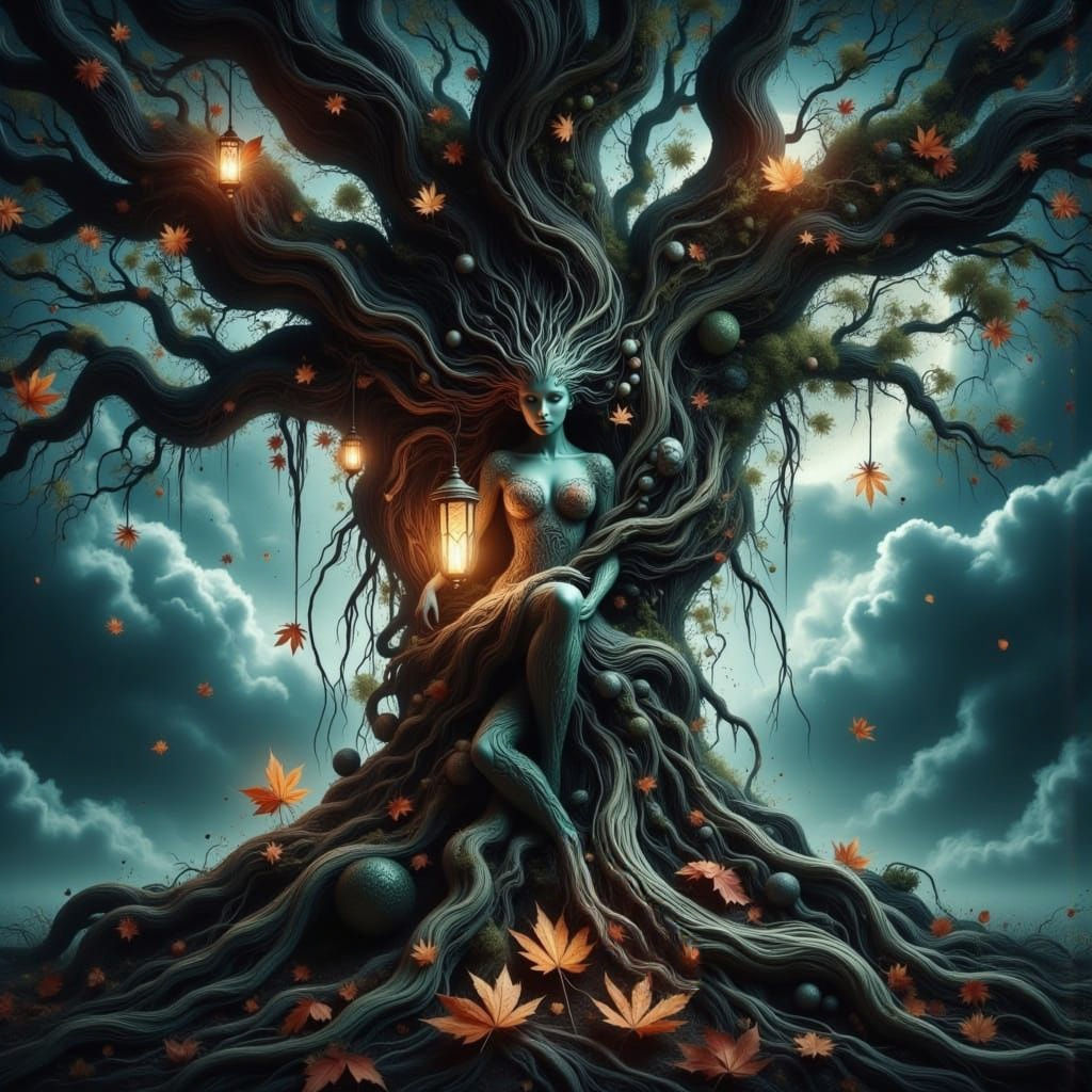 Wood Nymph Entwined in Tree at Night