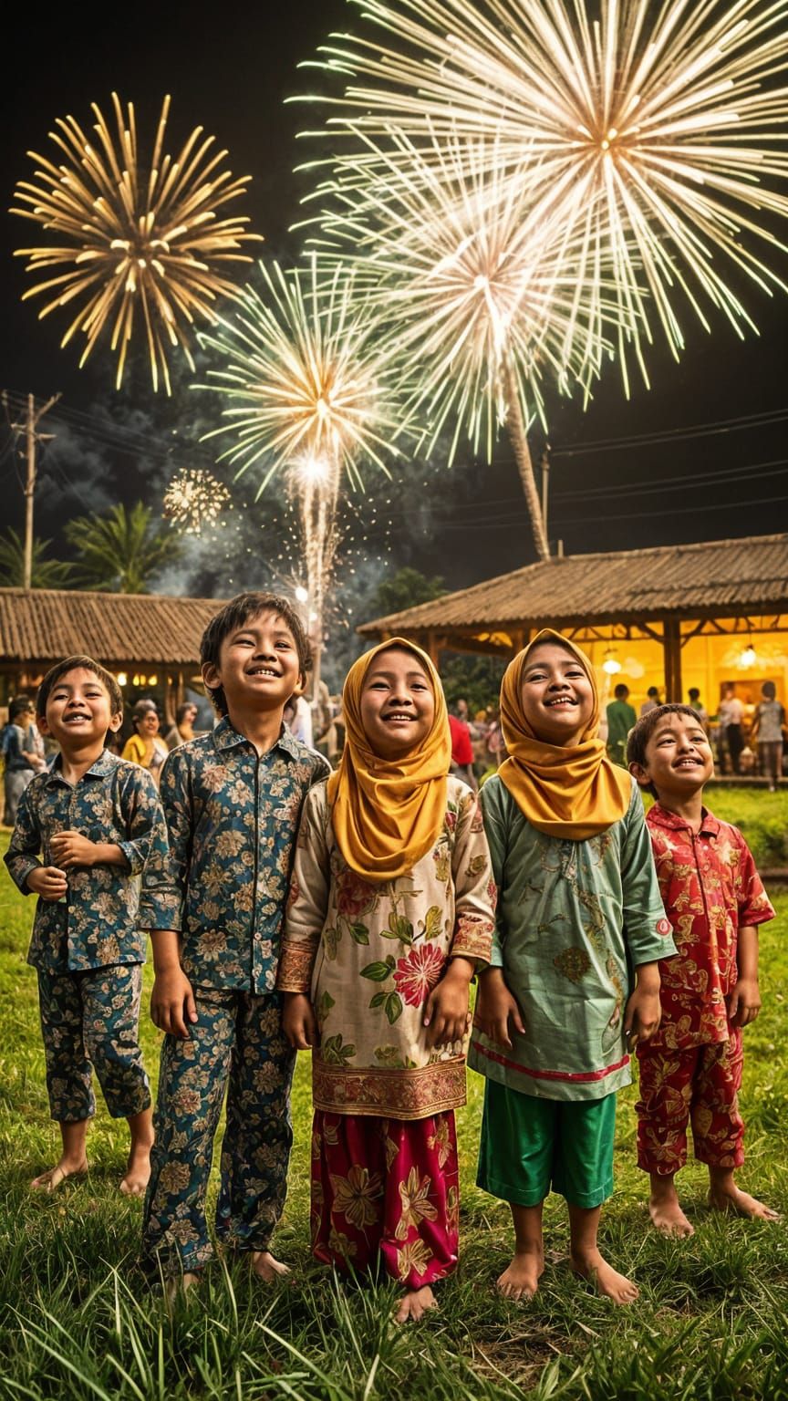 Joyful Malay Children Celebrate Eid Under Starry Night Sky