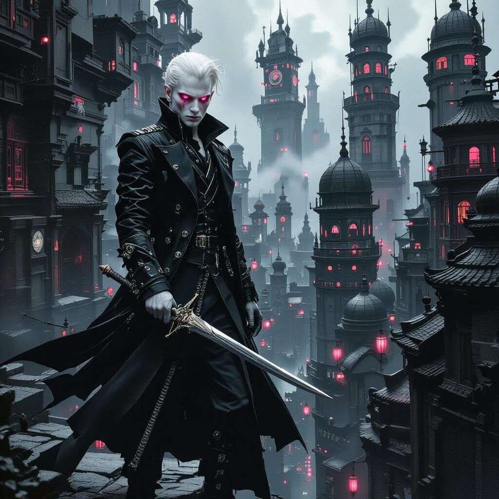 Albino Man with Pink Eyes in City Maze with Dagger