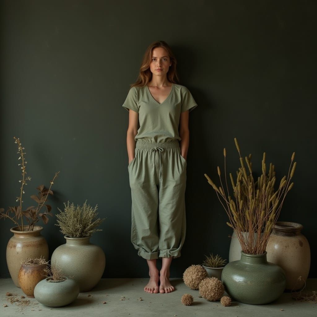Woman in Sage Green and Olive Green Hues