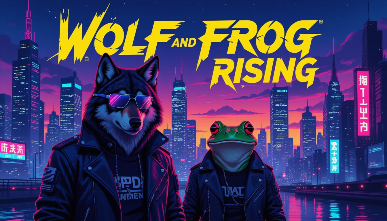 Cyberpunk Cityscape with Wolf and Frog Duo