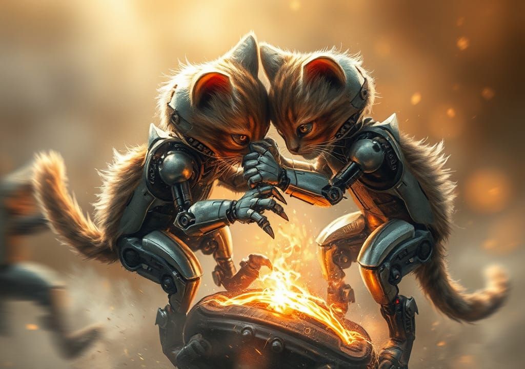 Kitten Robots Duel for Charger in Fantasy Concept Art