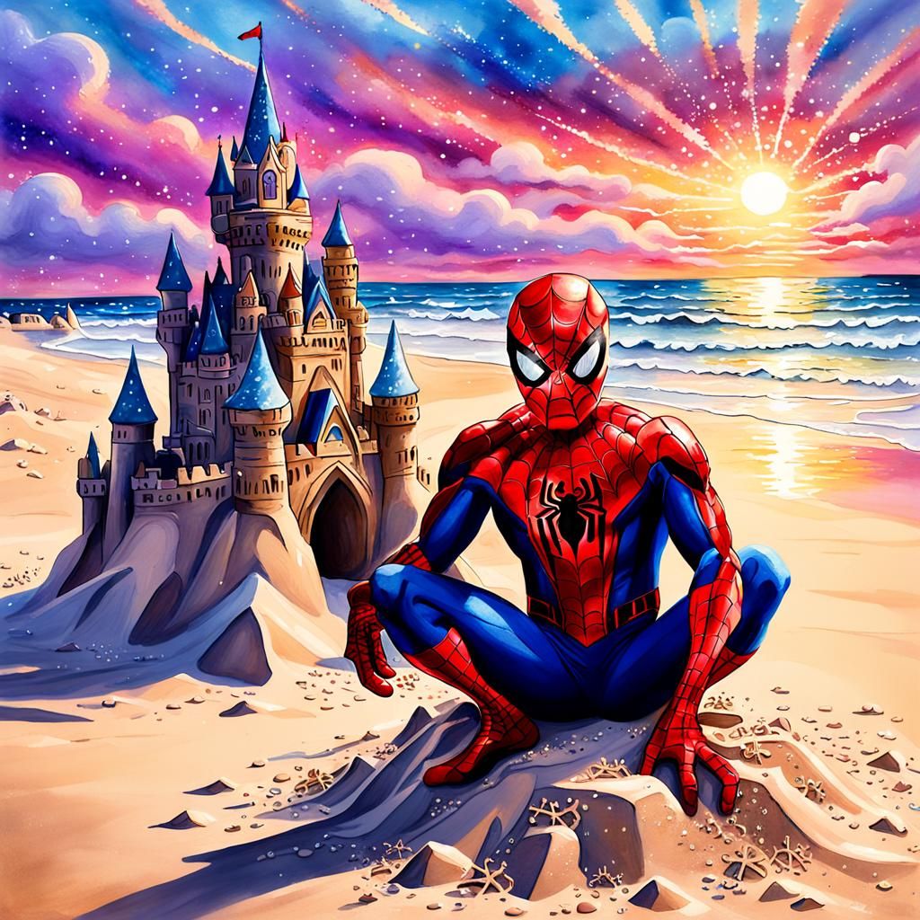 Spiderman building a sandcastle on holiday (10% badge)