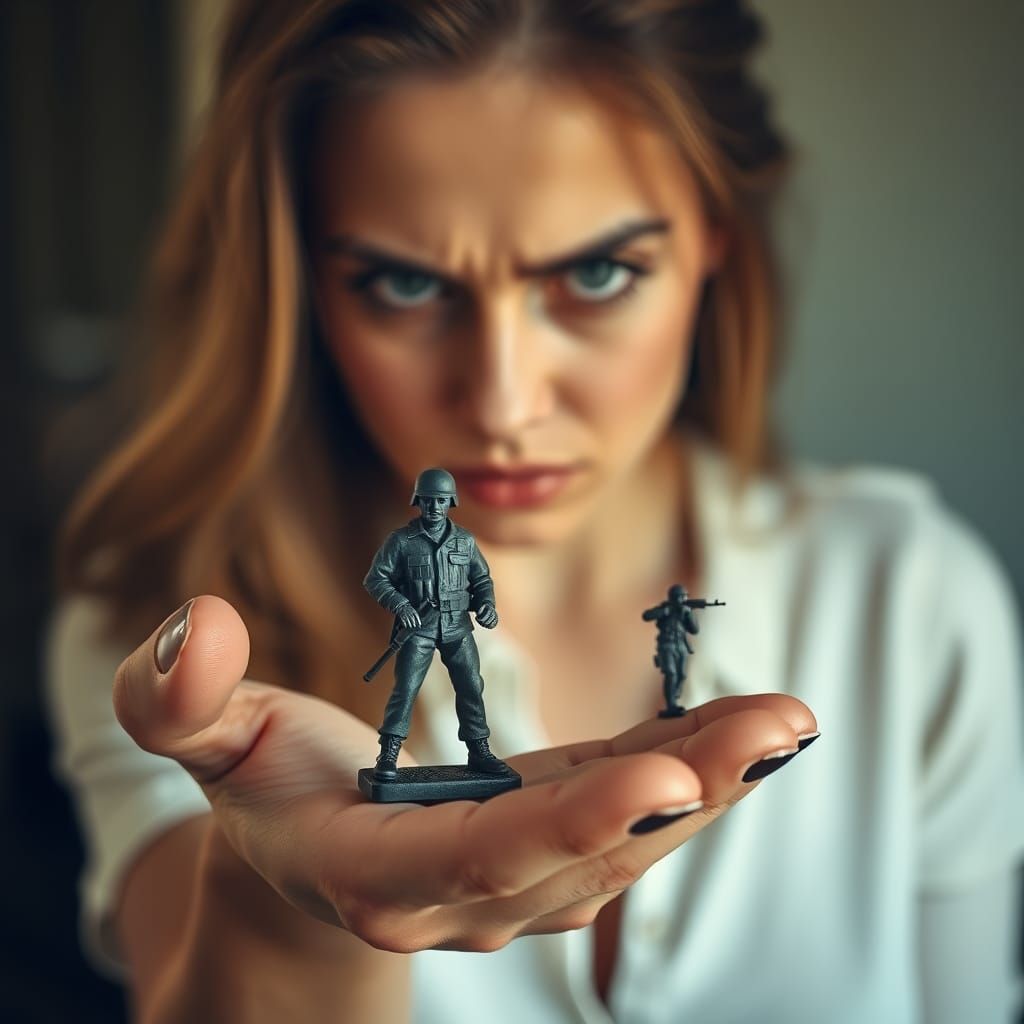 Angry Woman Contemplates Miniature Soldier