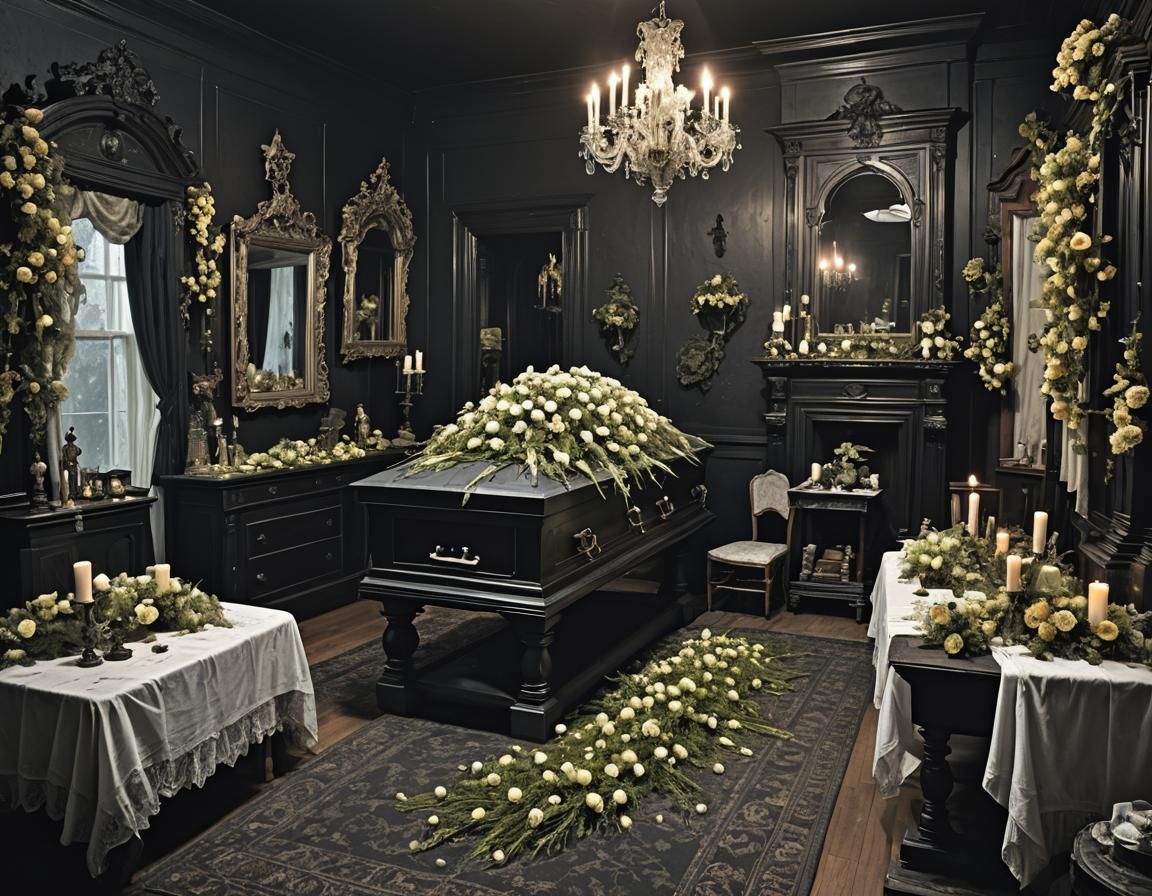Gothic Victorian Funeral Parlor with Eerie Flowers