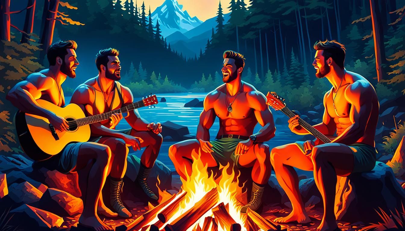 Men Singing Around Campfire in Hyperrealistic Style