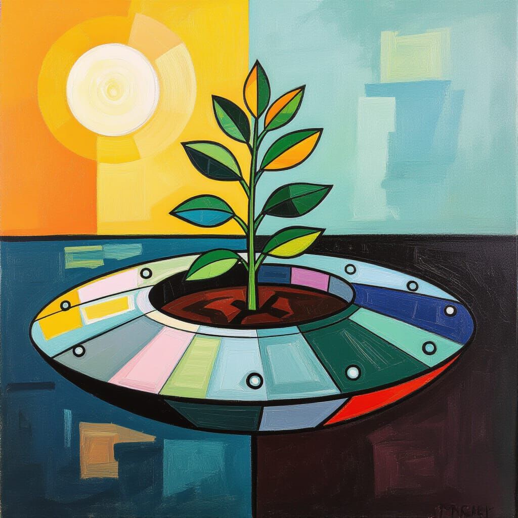 Plant in UFO: Neo-Impressionist Impasto Acrylic Painting