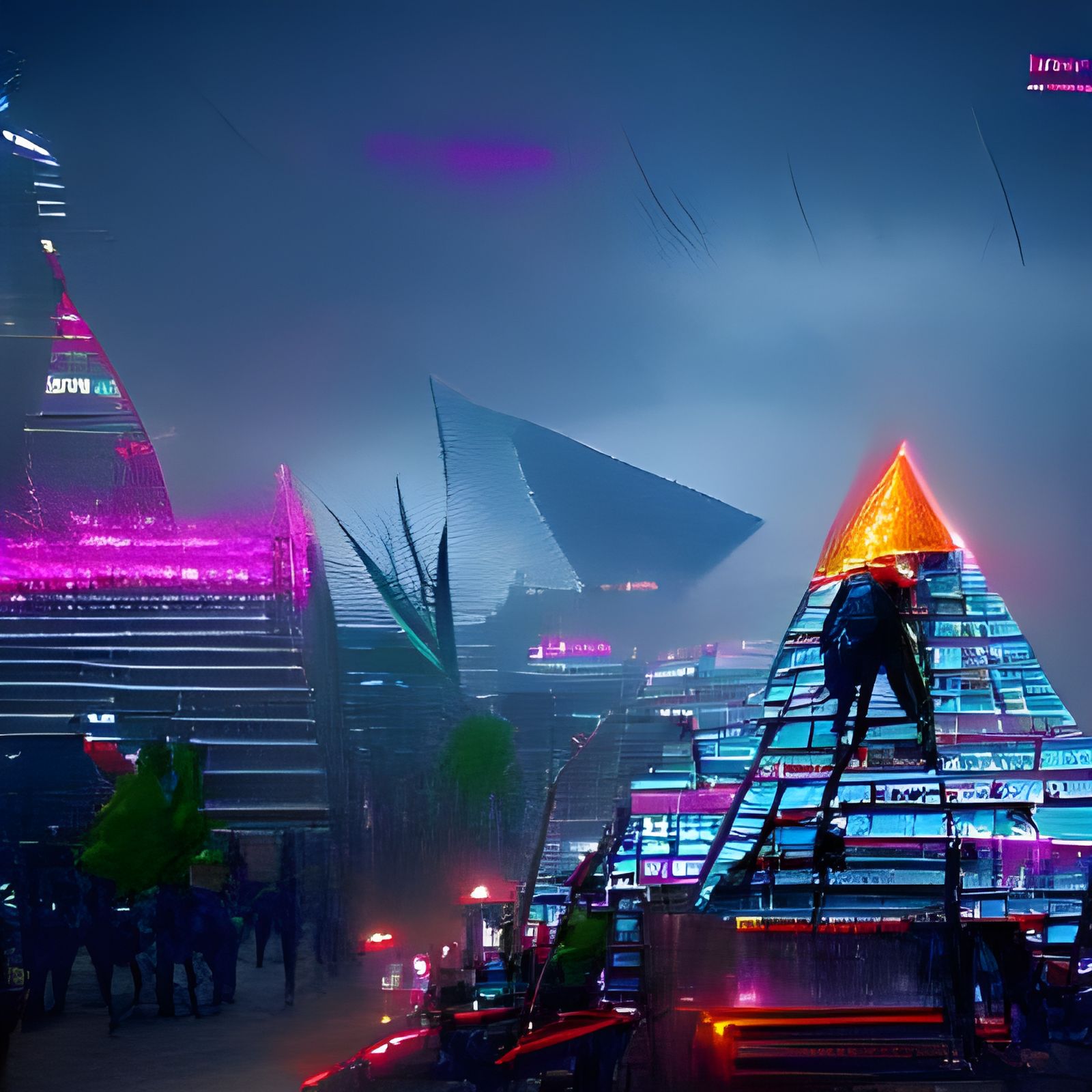 Cyberpunk Pyramid Towers Over Jungle City
