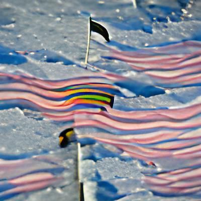 Colorful striped flag flew crazily in the cold air