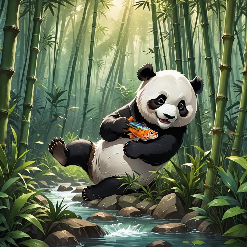Happy Panda with Fish in Bamboo Forest, Anime Art