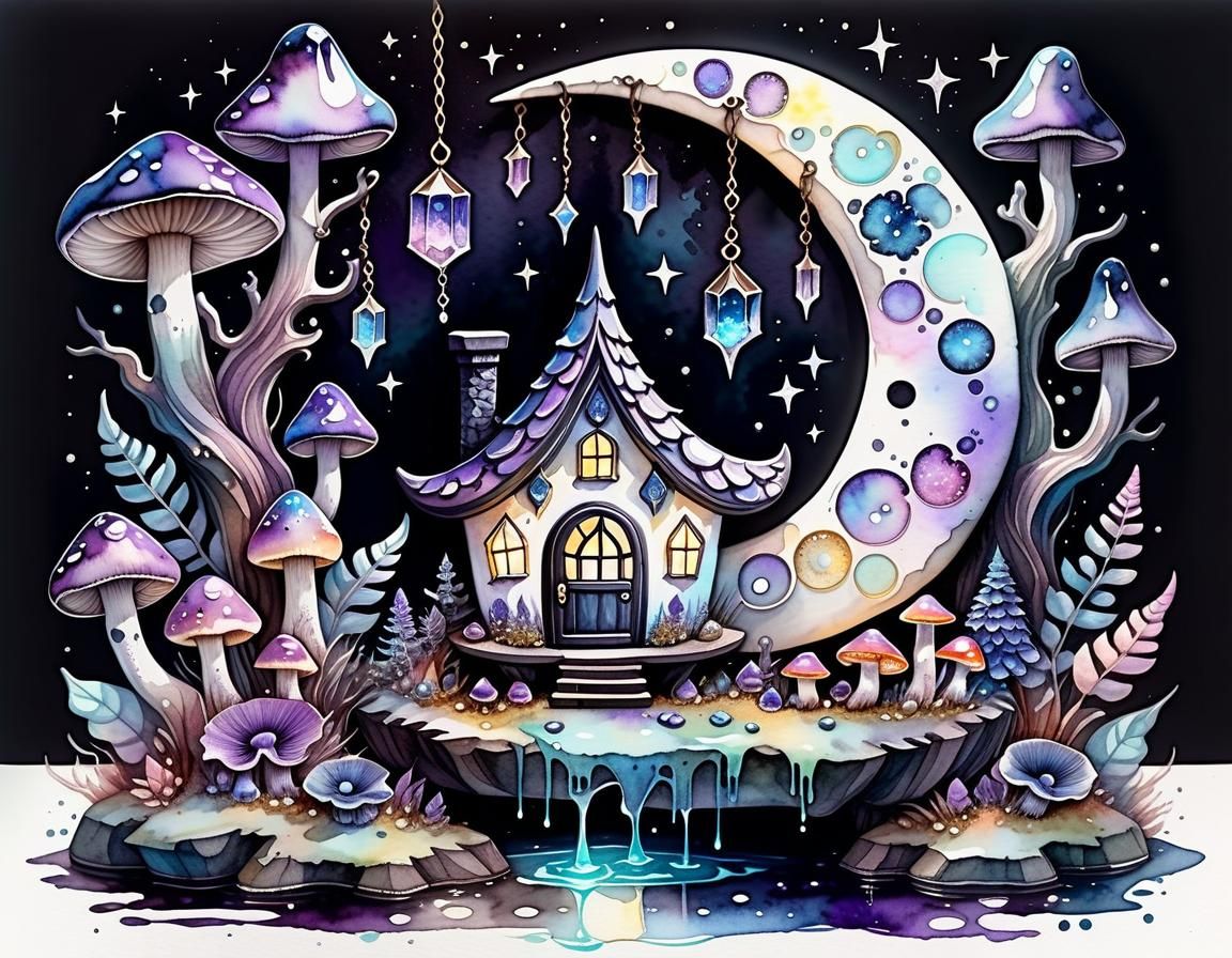 Cozy Pagan Home with Crystal Moon, Watercolour Pastel Goth