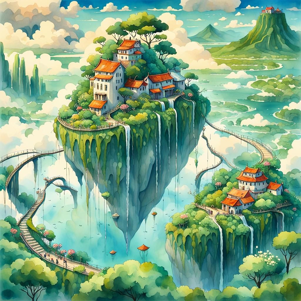 Floating Island Landscape in Watercolor Style