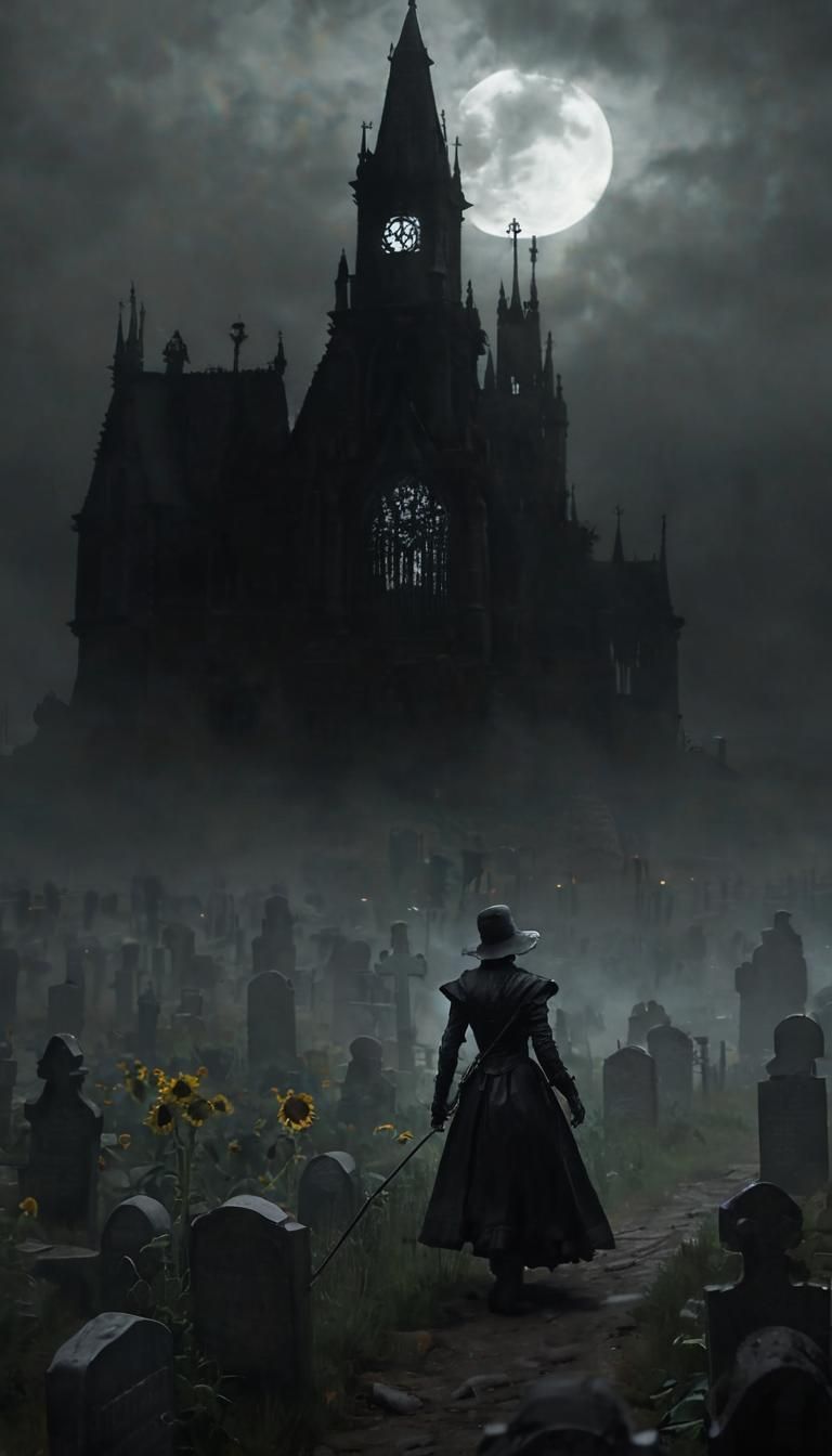 Dark Fantasy Graveyard Sunflower Field in Gothic Horror Styl...