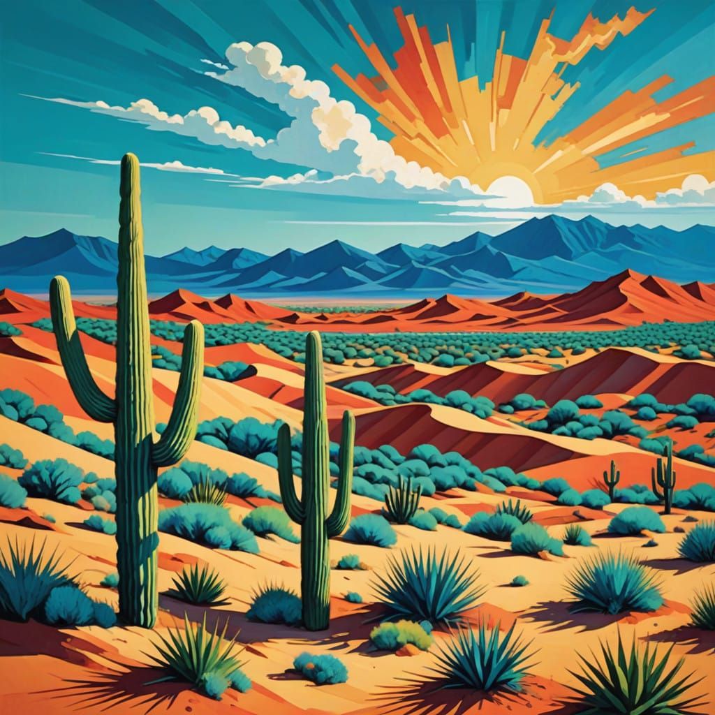 Vibrant Sonoran Desert Landscape with Geometric Shapes and P...