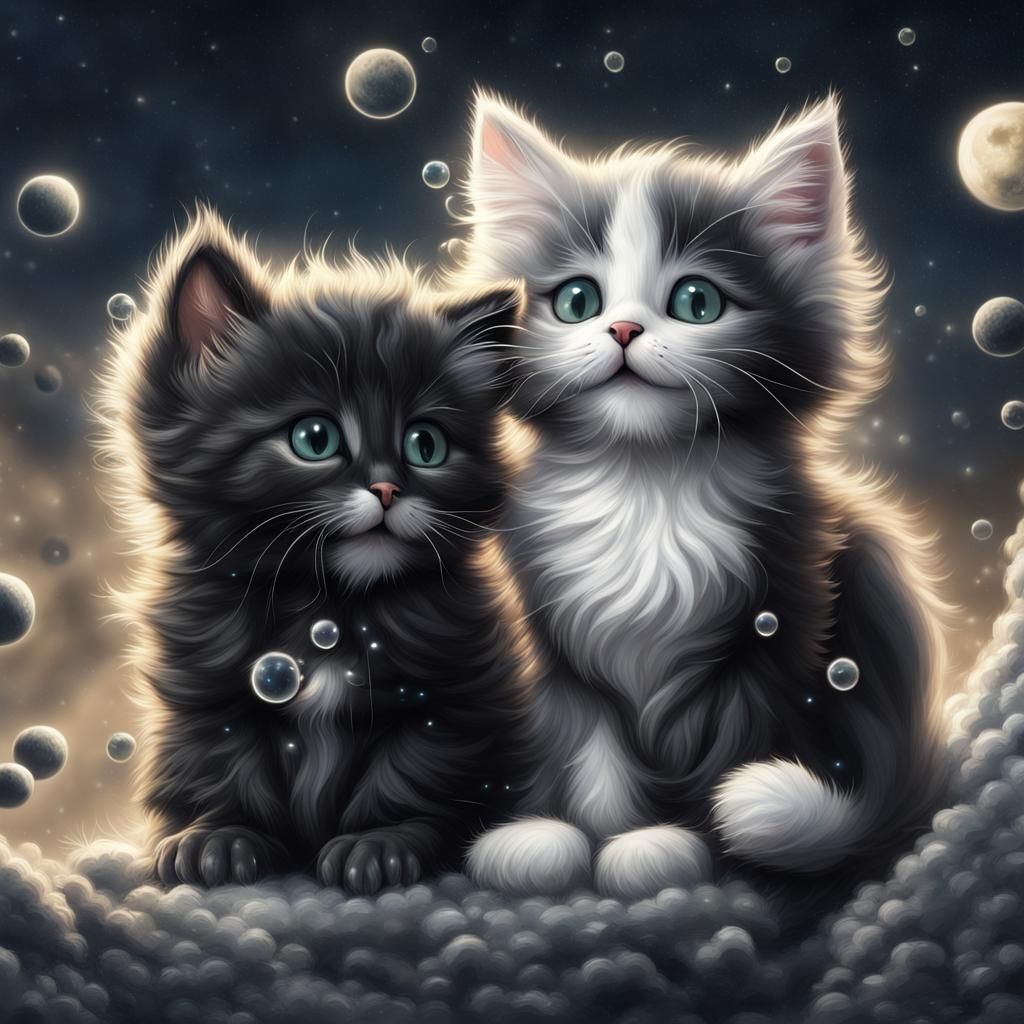 Kittens Playing with Bubbles Under Starry Sky