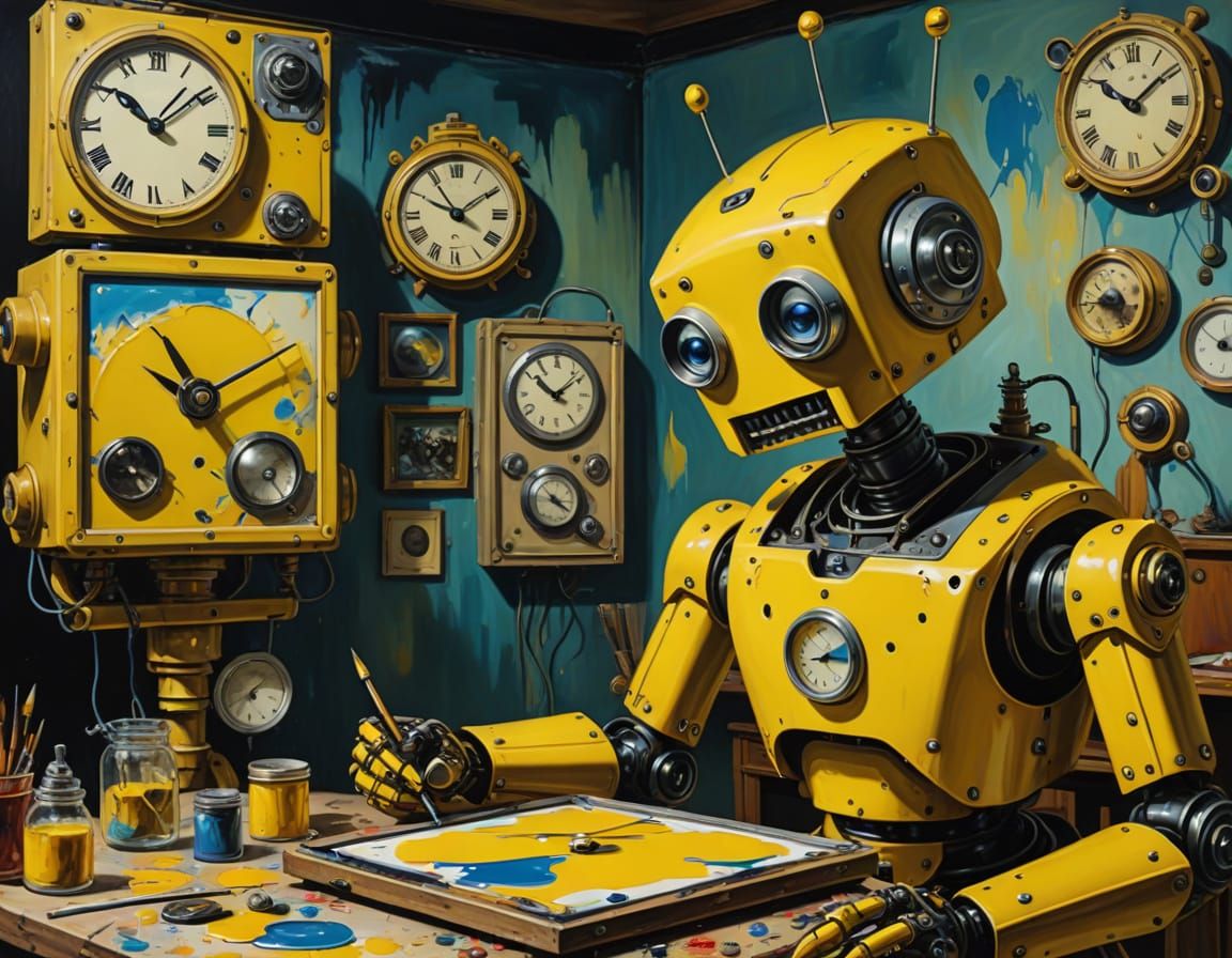 Robot Artist Painting Melting Clocks in Surreal Oil