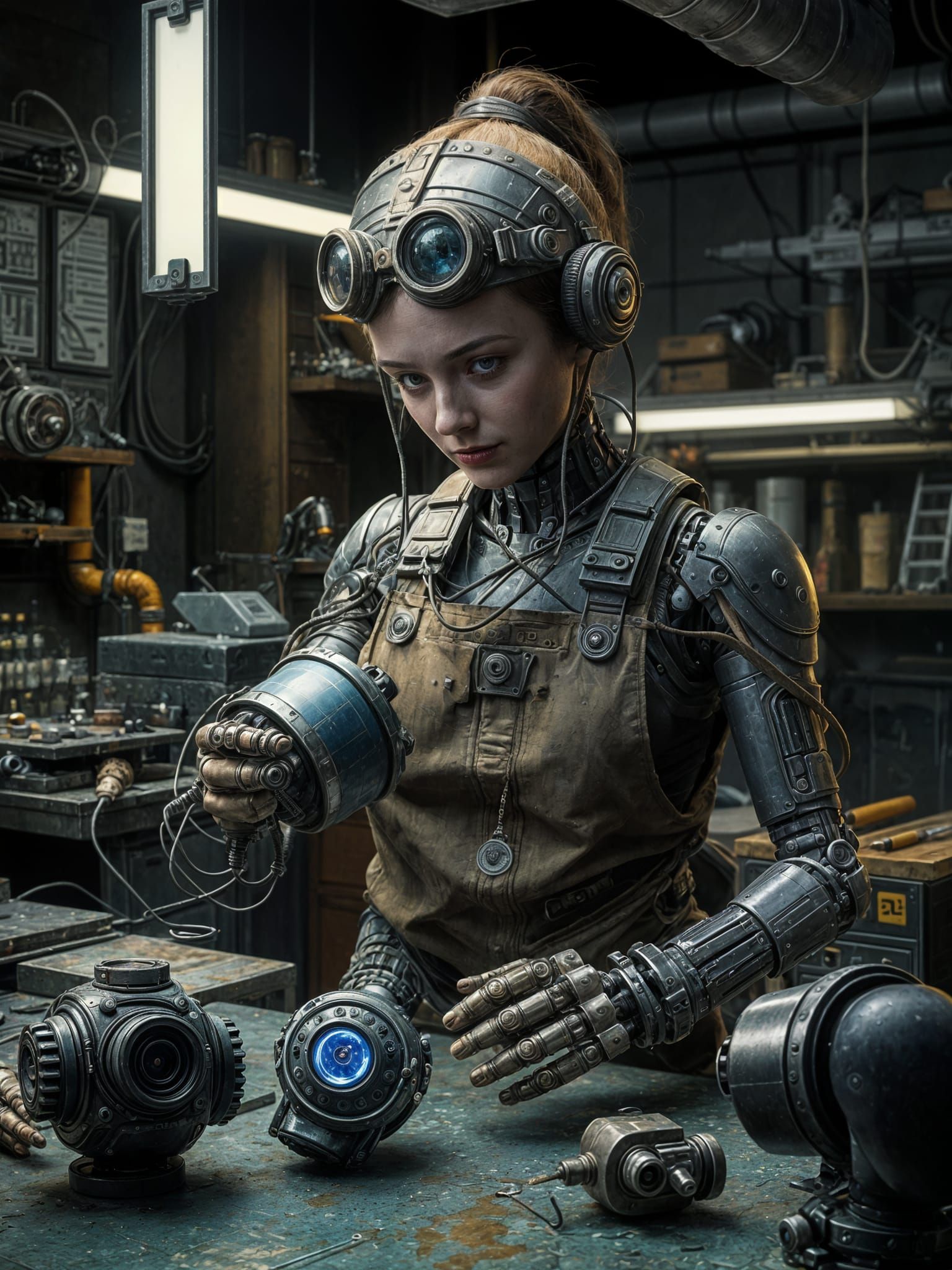 Cyborg Inventor in Oil-Painted Sci-Fi Laboratory