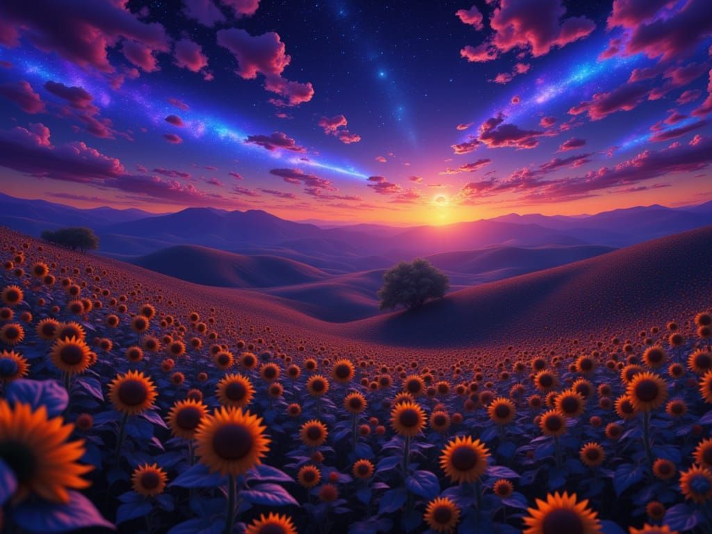 Night Sunflower Field: Detailed Matte Painting