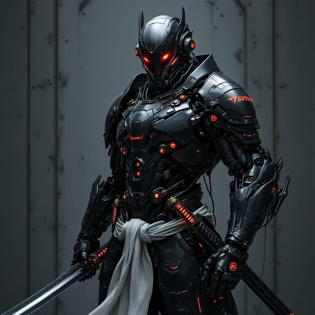 Futuristic Cyborg Samurai in Dystopian Cityscape