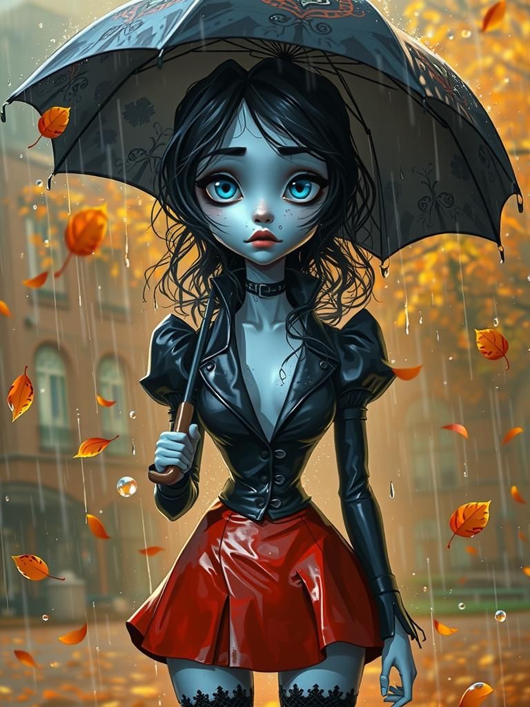 Tim Burton's cartoon Style, A young girl of the European race stands tall in a random dynamic pose, a sad and tired expr...