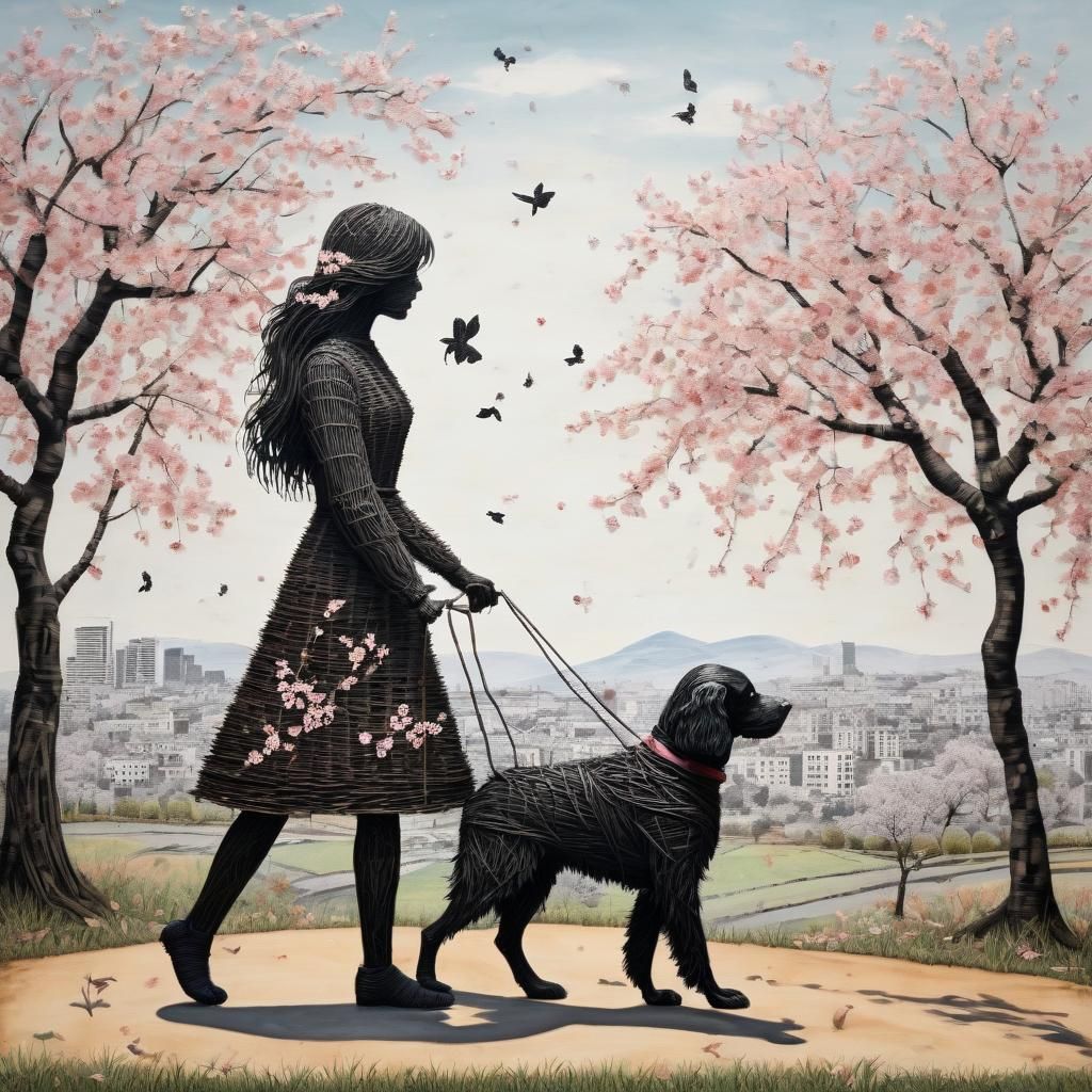 Wicker Art: Shadow Female and Dog in Barren World