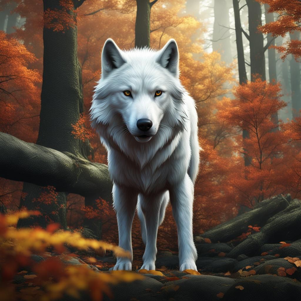 Majestic White Wolf in Autumn Forest