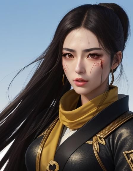 Portrait of a young beautiful Israel female Haohmaru, the key characters in "Samurai Spirits, Zero" is in a fighting aga...