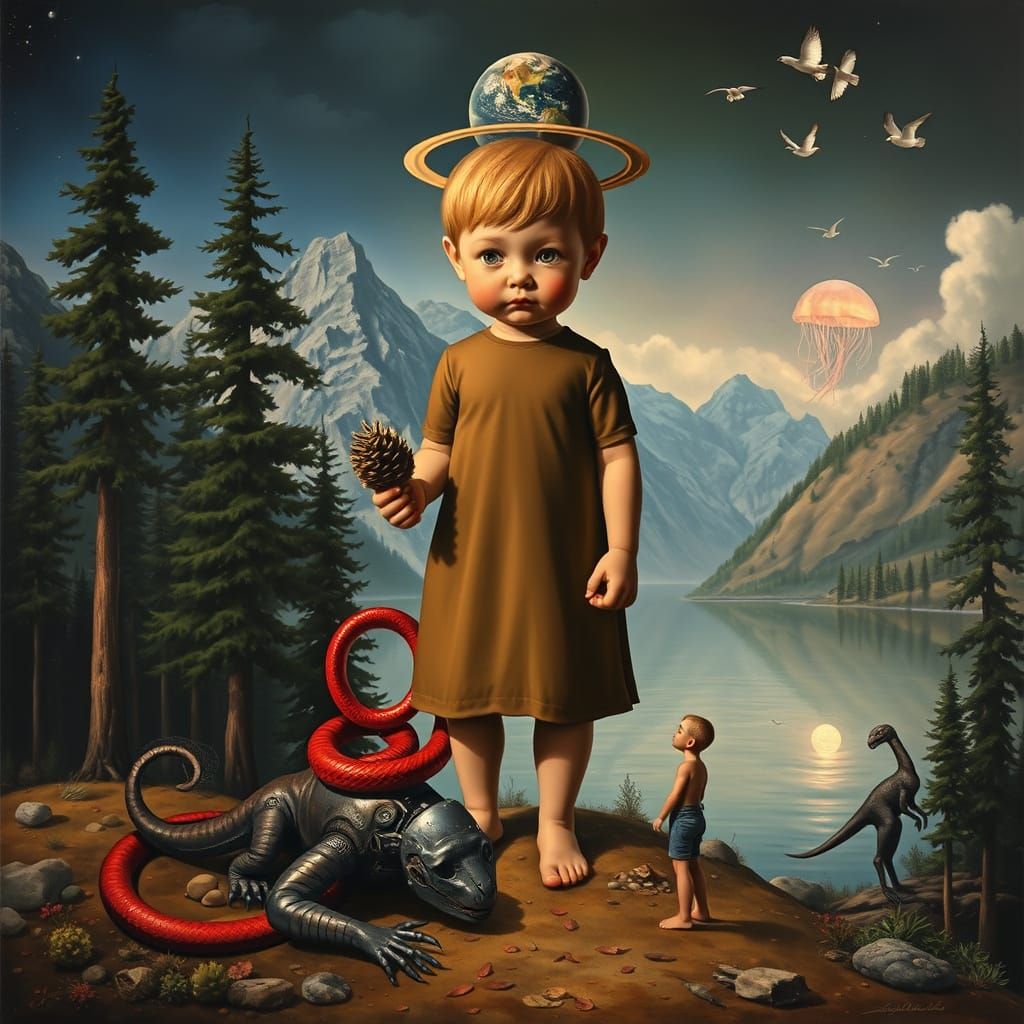 Surreal Giant Child in Fantastical Mountain Landscape Oil Pa...