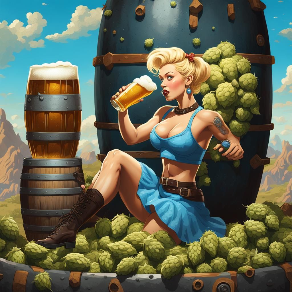 Blonde Pinup on Hops Bomb: Detailed Matte Painting