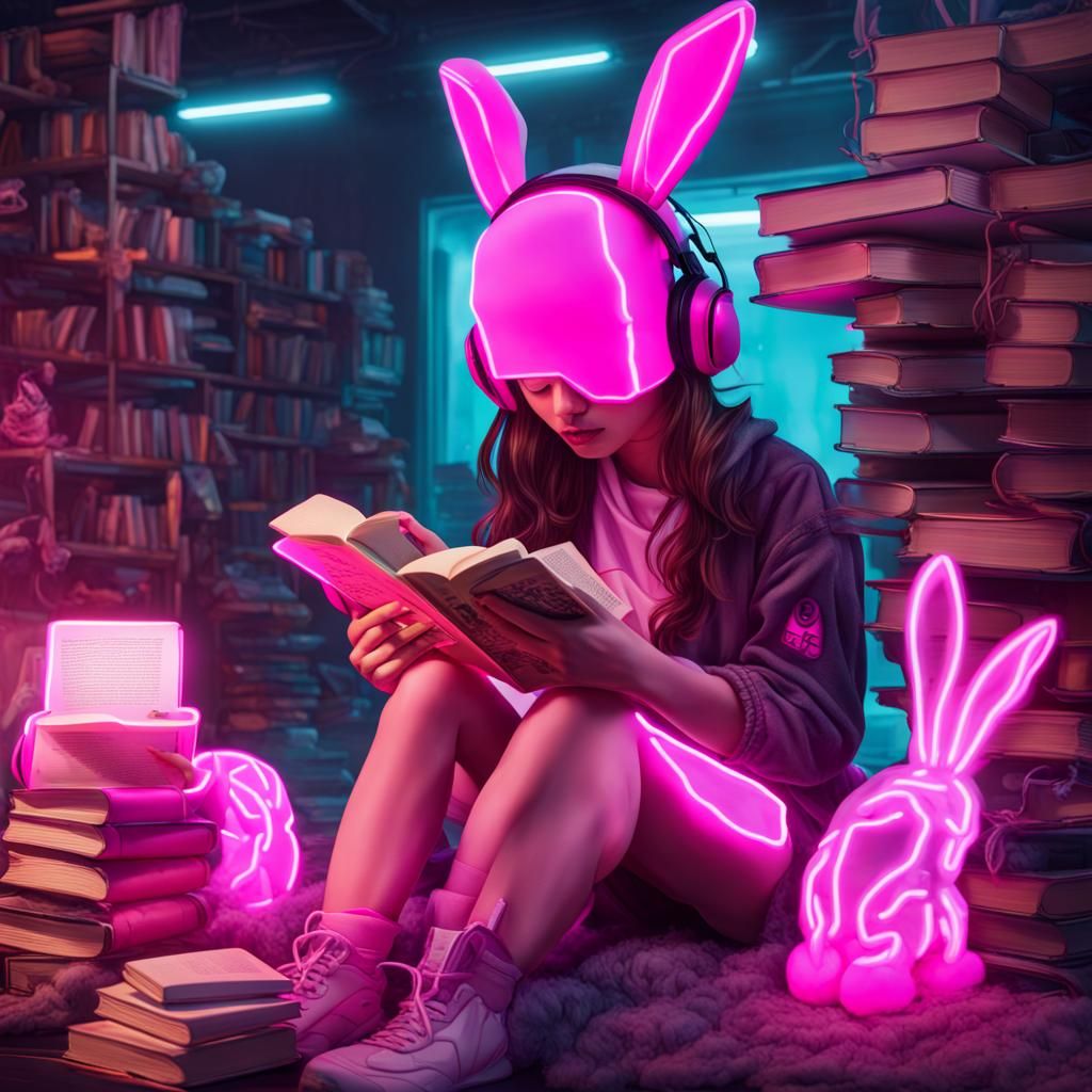 Girl Reading Surrounded by Neon Bunny Robots