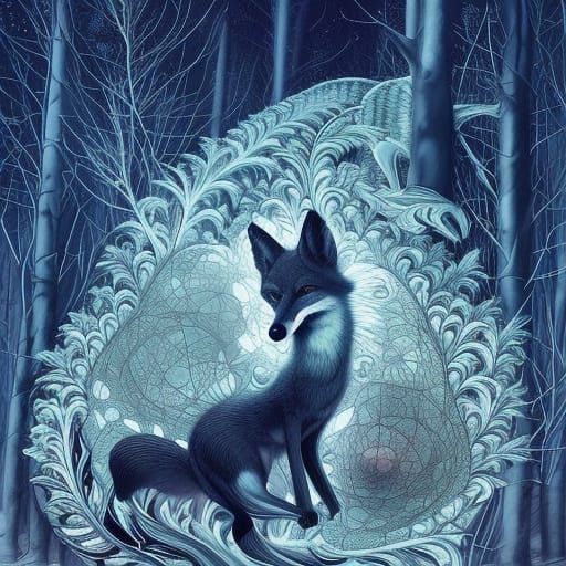 Intricate Ink Fox Illustration with Liquid Crystal Details