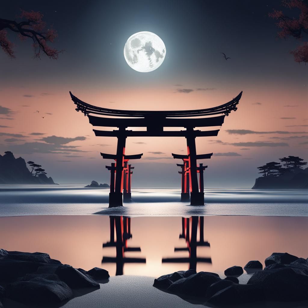 Moonlit Seaside Torii Gate in Neo-Primitivism Style