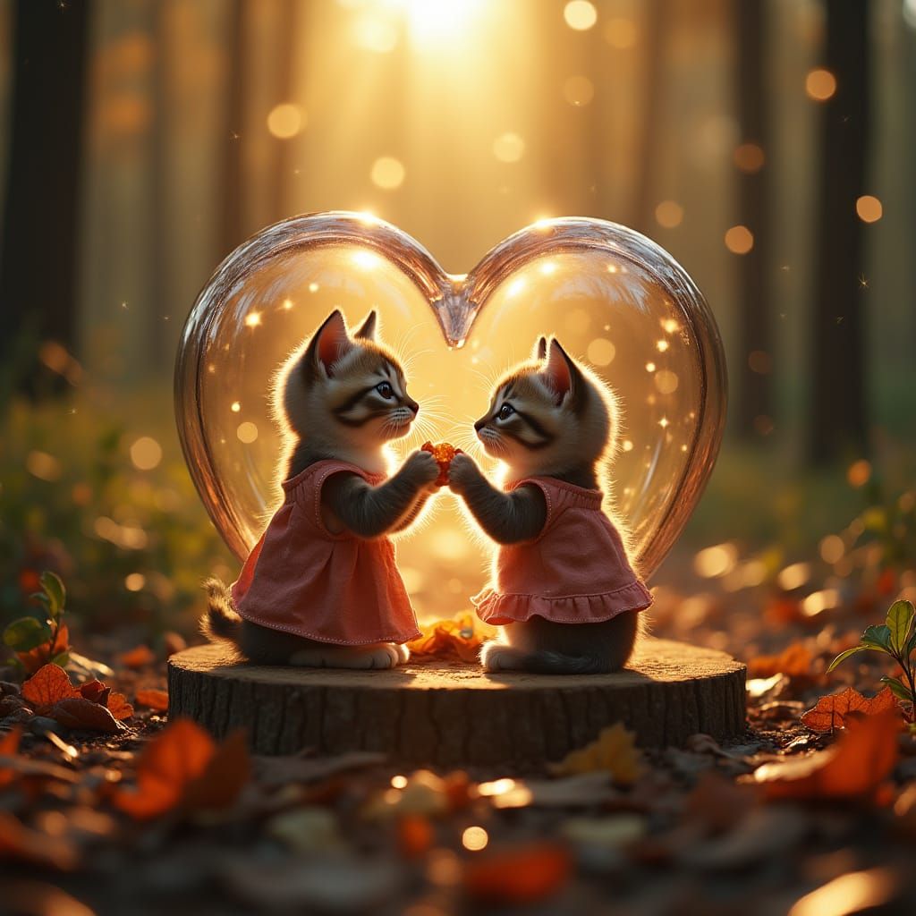 Kittens' Glass Heart Breakfast: A Cinematic Oil Painting