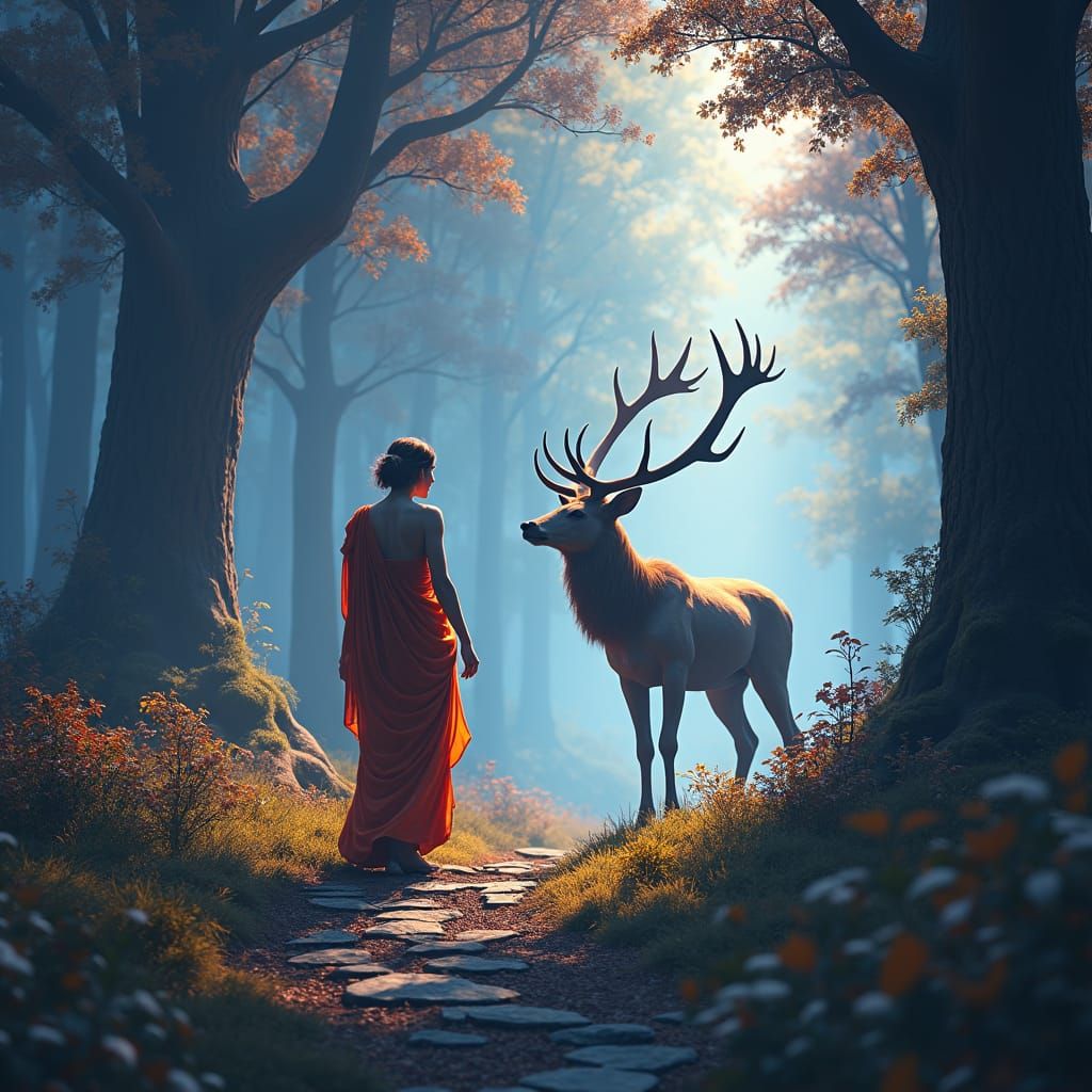 Diana and Actaeon Transformation in Mystical Forest