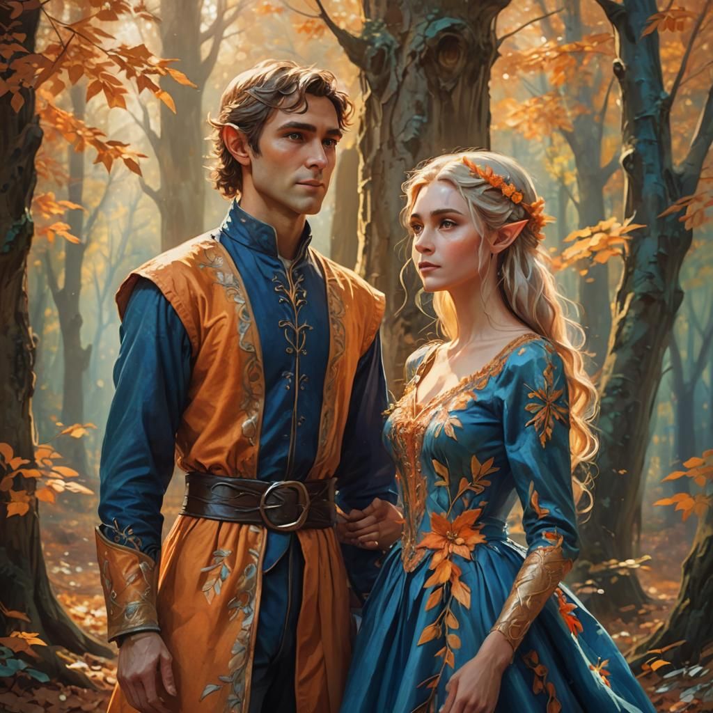 Elegant Elf Couple in Autumn Forest: Impressionist Painting