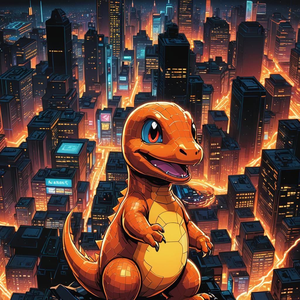 Charmander Retro Comic Art with Neon Pixel Cityscape