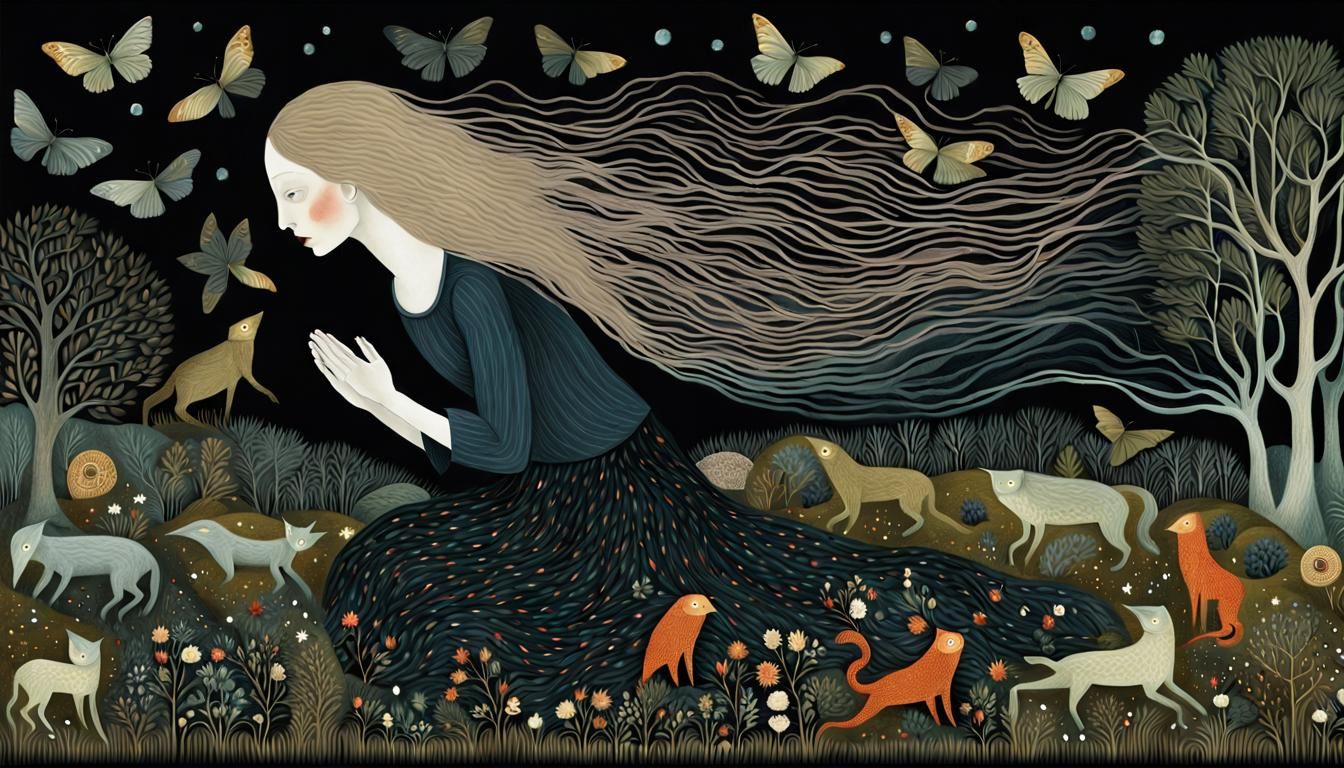 Surreal Bio Art Collage: Woman and Glowing Creatures