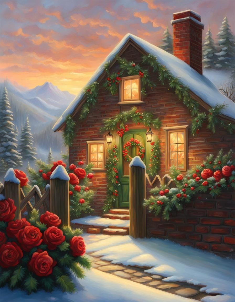 Christmas Wreath with Roses in Kinkade Style
