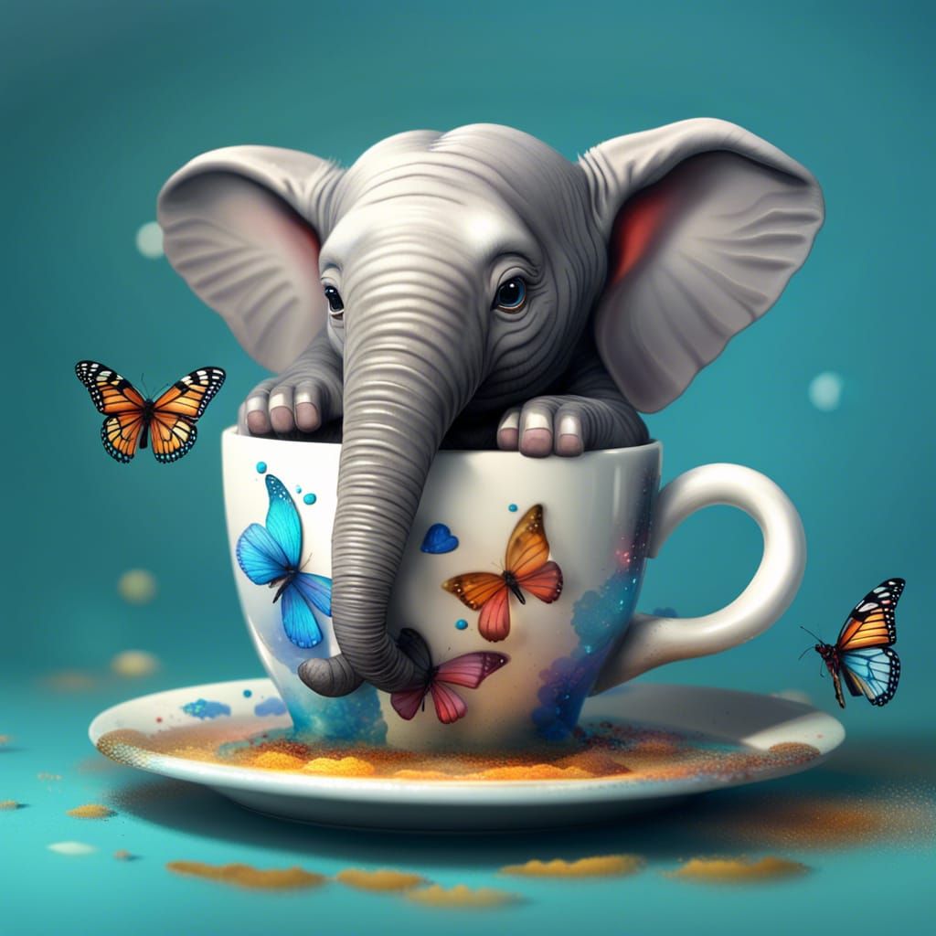 Elephant with Butterfly Wings in Teacup: Hyperrealistic Spla...