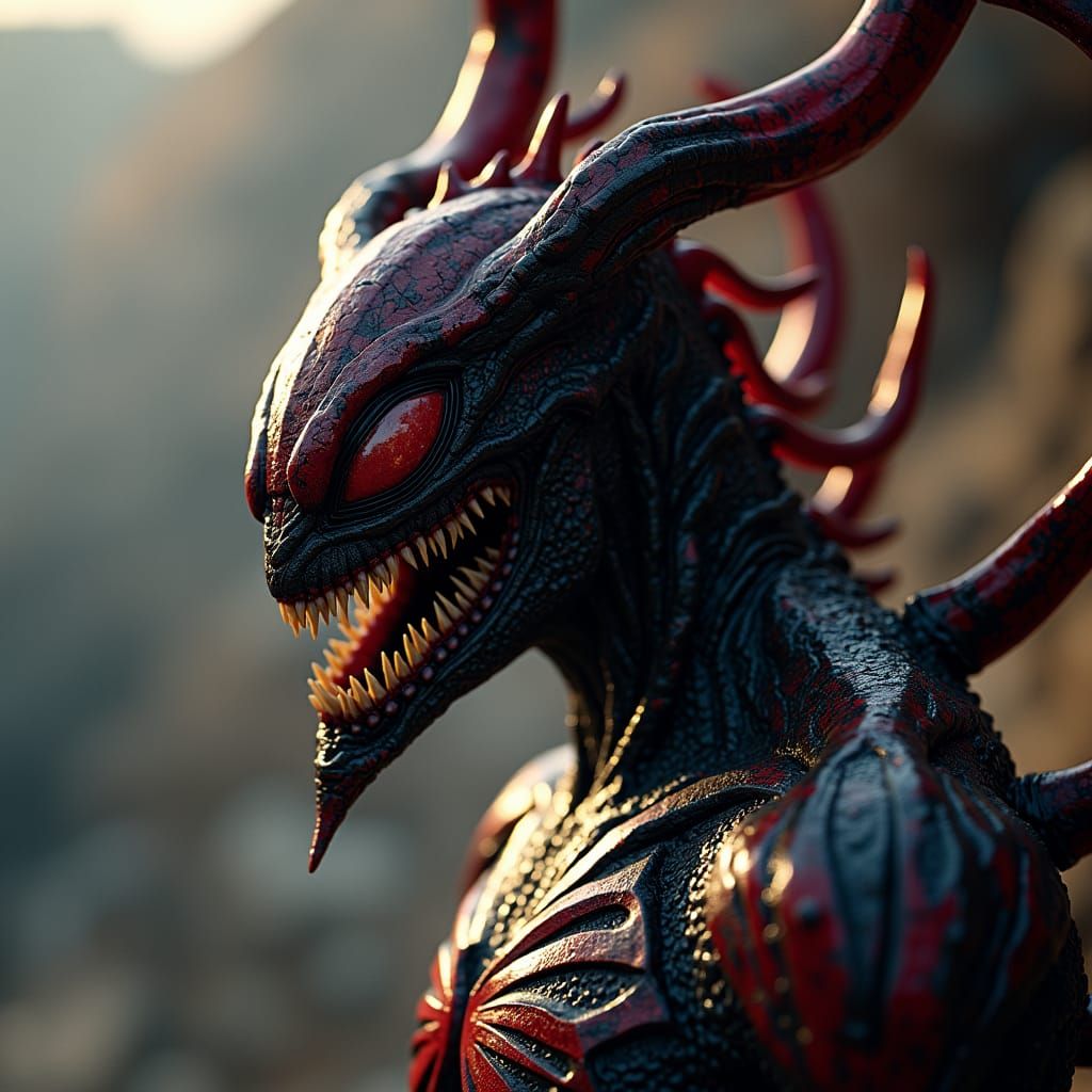 Photorealistic Horned Symbiote Exoskeleton in Cinematic Styl...