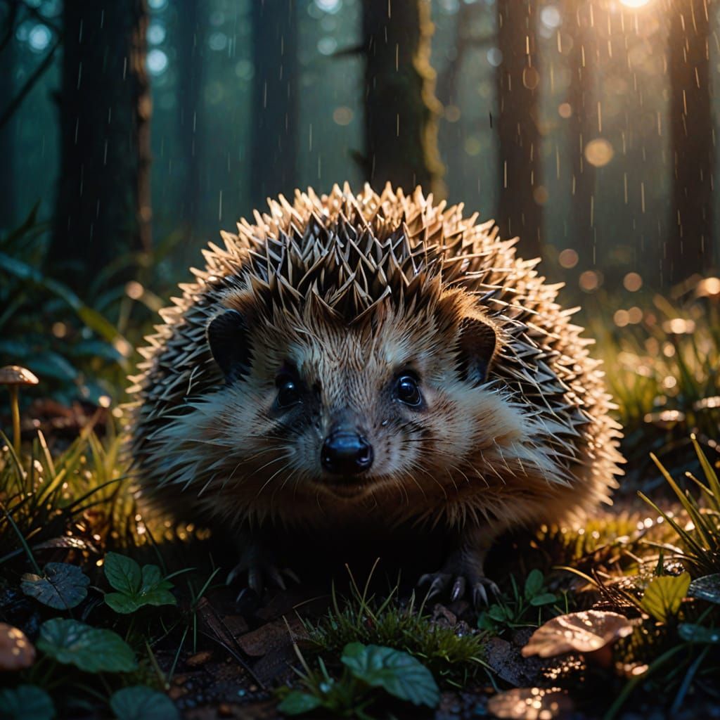 Cute Hedgehog in Golden Hour Rain