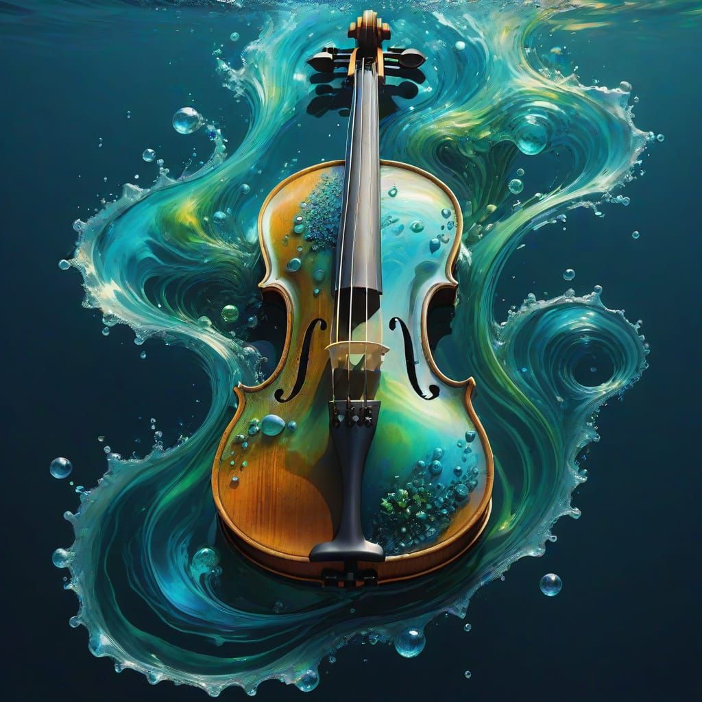 Violin Formed From Rippling Water in Surreal Style